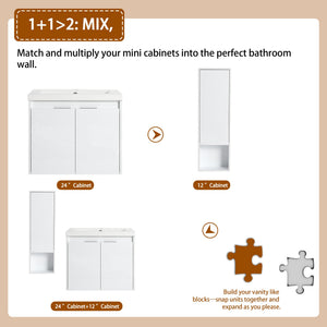 English Elm 24" Modern Wall-Mounted Bathroom Vanity with Resin Sink, Soft-Close Doors, Wall Cabinet, White W999S00418
