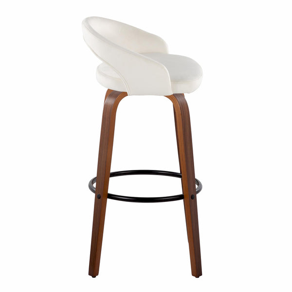 English Elm Fixed-height Swivel Barstools Walnut Bentwood Legs White Velvet Seat Set of 2 B202S01916
