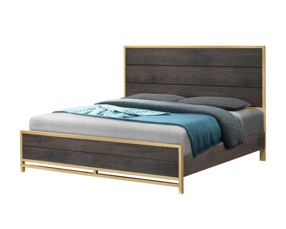 English Elm 1Pc Contemporary King Bed With Striking Headboard, Warm Wood Tones & Metallic Accents For Luxe Style B2741S00382