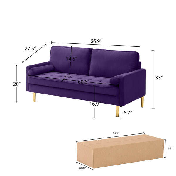English Elm 65-inch minimalist velvet loveseat with gold metal legs, thick cushions, solid pine frame, 800lb capacity Purple W2795P247577