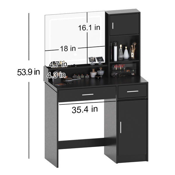 English Elm Vanity Black Dressing Table with LED Mirror, Touch Controls, 3 Lighting Modes, Large Drawer Storage W2386P389996