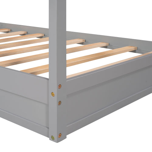 English Elm Wood House Bed L Shaped Twin Frame Solid Pine Kids Bedroom with Fence Rail Slats LP001345AAE