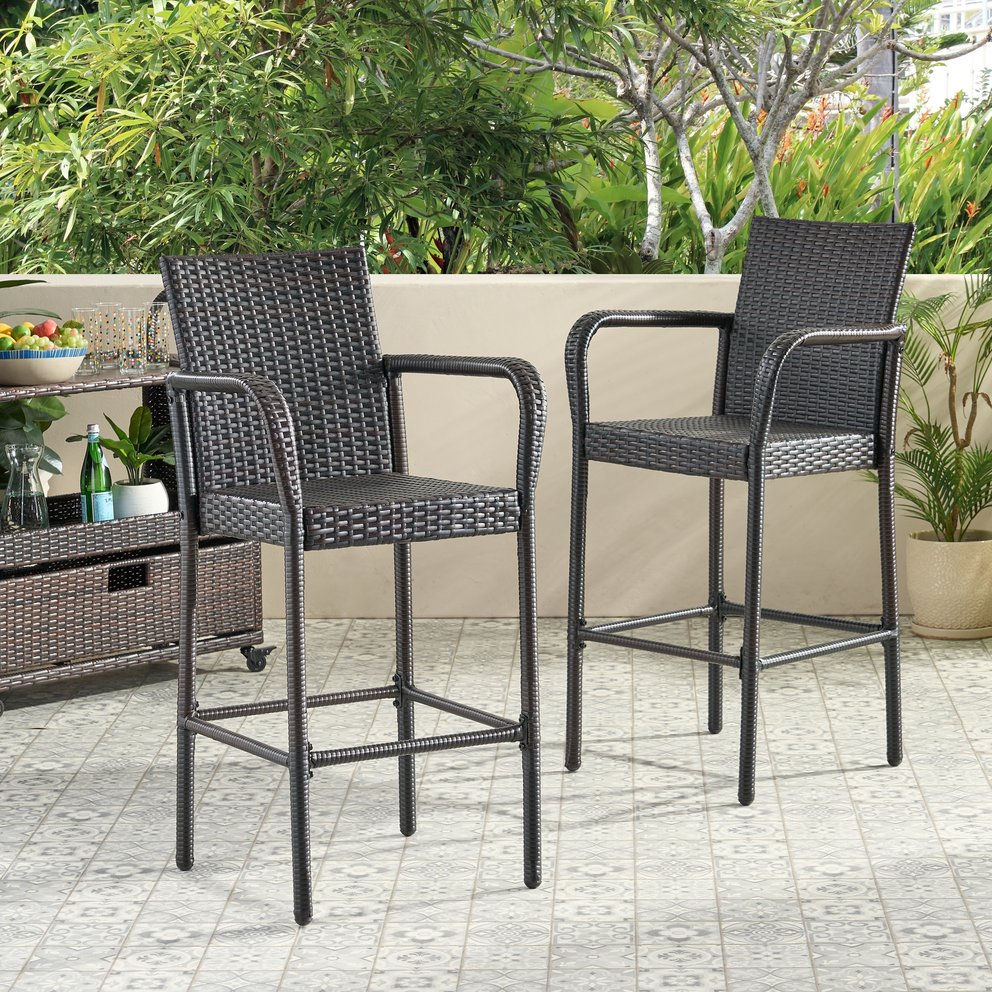 English Elm Littleton Outdoor Woven Rattan Barstools Set of 2 with Weather Resistant Iron Frame 57113.00