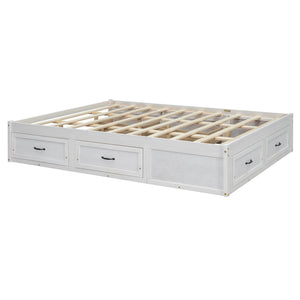 English Elm Queen Platform Bed with Six Storage Drawers Low Profile Frame for Modern Bedrooms Antique White N708P263022K-1