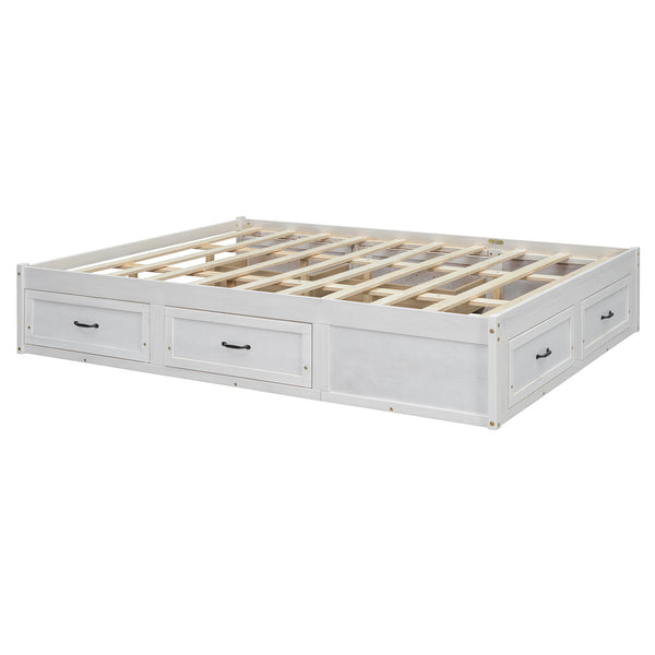English Elm Queen Platform Bed with Six Storage Drawers Low Profile Frame for Modern Bedrooms Antique White N708P263022K-1