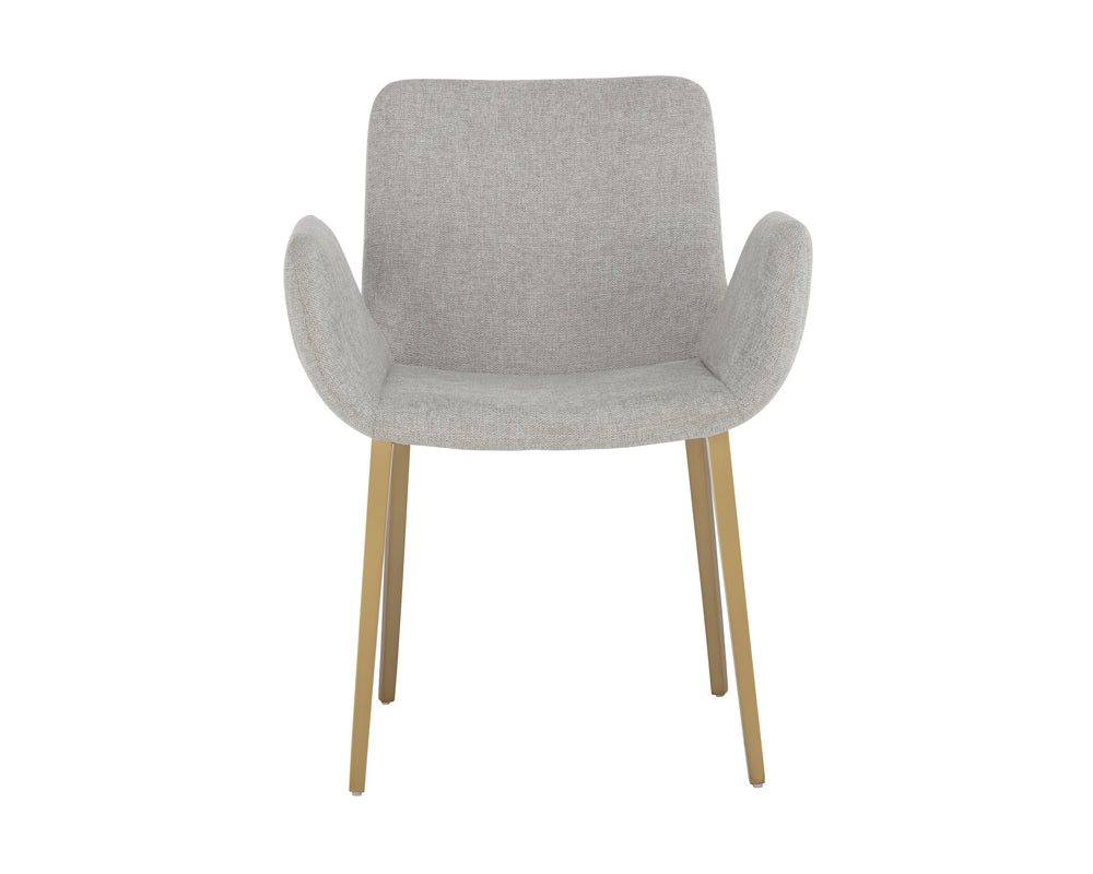 Sunpan Lucano Dining Armchair - Elegant Scooped Design with Vertical Channel Tufting and Gold Legs Belfast Heather Grey