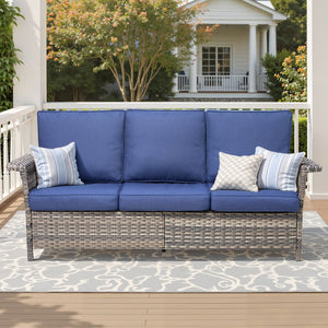 English Elm Outdoor Handwoven Pe Wicker Ottoman Set Patio Footrests with Weather Resistant Cushions Blue T3773P416503
