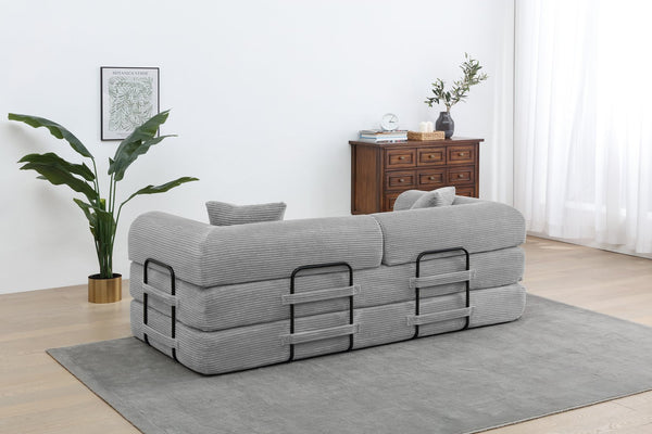 English Elm Convertible 3-Seat Sleeper Sofa Bed Corduroy Folding Floor Couch with Cylindrical Pillow, Plush Support Light Gray W3199P309003