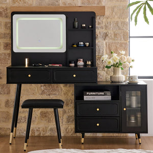 English Elm Modern Makeup Vanity Desk with LED 3-Color Mirror, Built-In Power Station, Sliding Cabinet, Stool Black N844P288432B