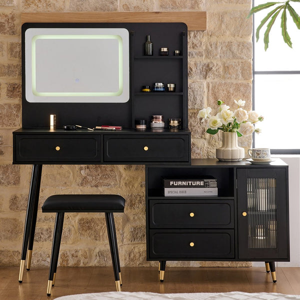 English Elm Modern Makeup Vanity Desk with LED 3-Color Mirror, Built-In Power Station, Sliding Cabinet, Stool Black N844P288432B