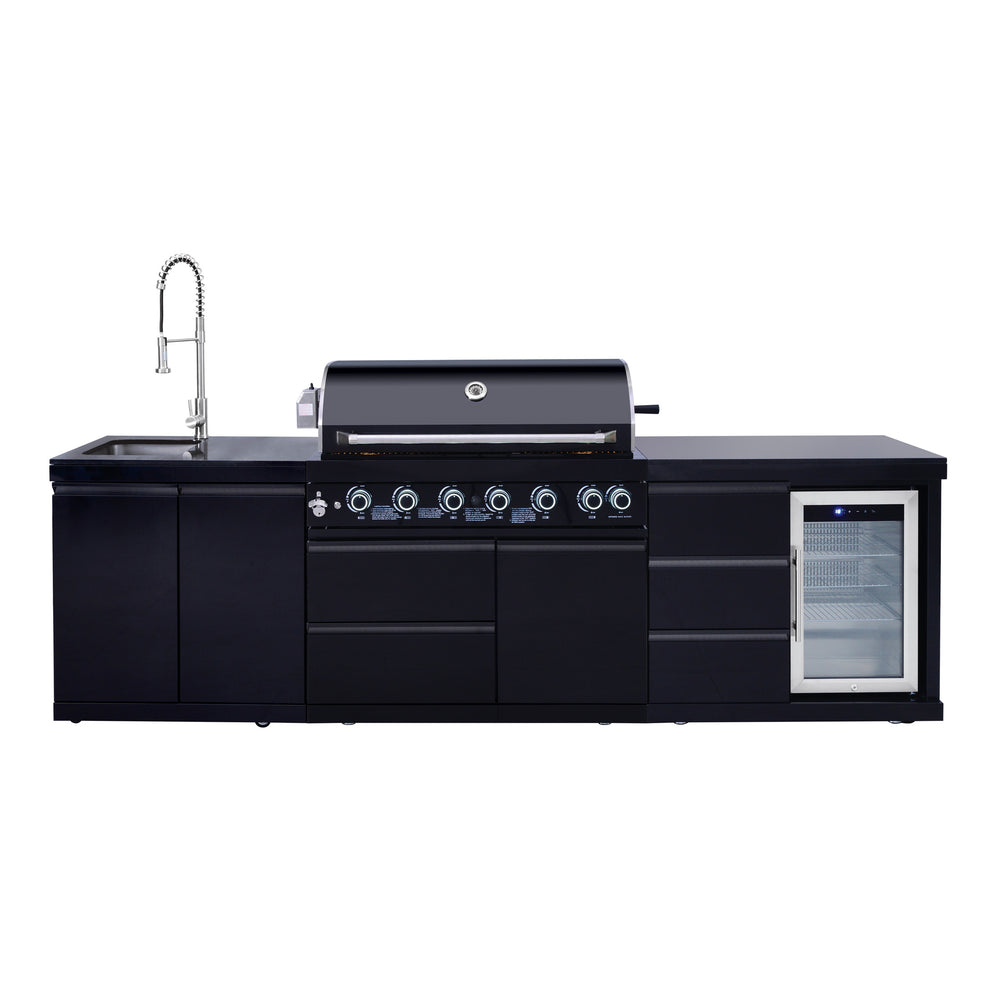 English Elm Outdoor Kitchen Island with 6 Burner Gas Grill Sink Refrigerator Stainless Steel W5007S00008