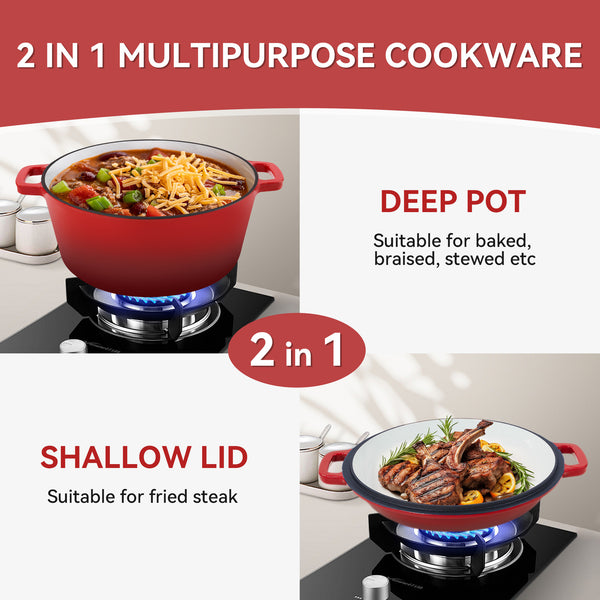 English Elm Enamel Cast Iron Dutch Oven 6QT with 2QT Lid — Versatile 2-in-1 Stew Pot and Frying Pan Set for Home Cooking Red T3950P391585