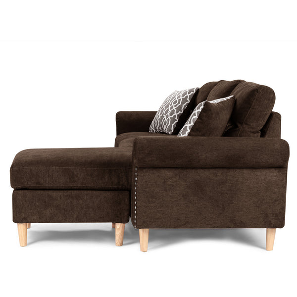 English Elm Reversible Tufted Velvet Sectional Sofa with Reversible Chaise, Nailhead Trim and Accent Pillows Tan 34 L x 88 W x 23 H B089P389527