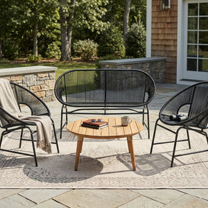 English Elm Nusa Outdoor Pe Rattan Conversation Set with Acacia Wood Coffee Table Patio Black,Natural NUSA4PCSET-BLK