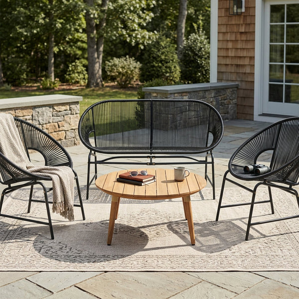 English Elm Nusa Outdoor Pe Rattan Conversation Set with Acacia Wood Coffee Table Patio Black,Natural NUSA4PCSET-BLK