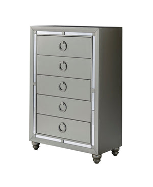 English Elm CHLOE Mirrored Gemstone Silver Chest with Spacious Drawers, Bun Feet and Center Metal Glide Elegance Silver+Grey 36.38 L x 19.75 W x 49.25 H B201P215913
