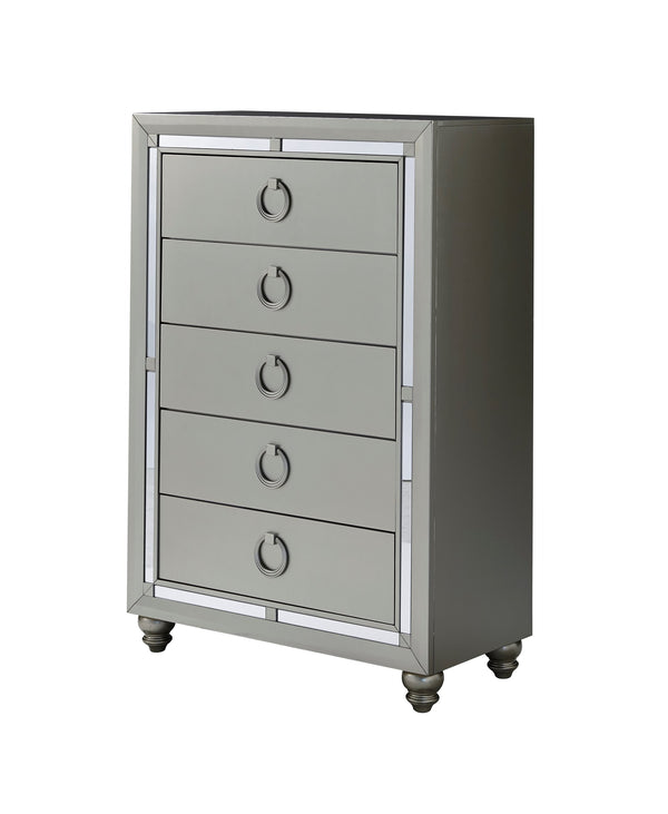English Elm CHLOE Mirrored Gemstone Silver Chest with Spacious Drawers, Bun Feet and Center Metal Glide Elegance Silver+Grey 36.38 L x 19.75 W x 49.25 H B201P215913