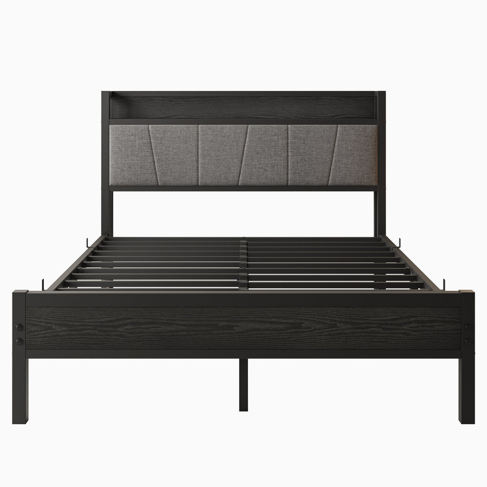 English Elm Full Size Bed Frame with Storage Headboard & Charging Station, Upholstered Gray Cotton Flax, 400lb Stable Platform W840P179122