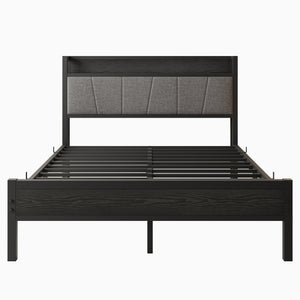 English Elm Full Size Bed Frame with Storage Headboard & Charging Station, Upholstered Gray Cotton Flax, 400lb Stable Platform W840P179122