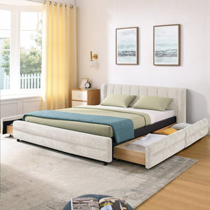 English Elm Queen Chenille Upholstered Storage Bed Wingback Headboard Platform Frame Bedroom Beige W487S00417
