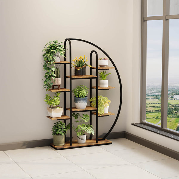 English Elm 62.2 Inch Nine Tier Moon Shaped Metal Plant Stand with Integrated Led Grow Light W3101P443485