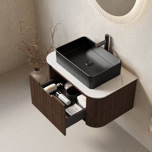 English Elm Muri Floating Bathroom Vanity Plywood Cabinet Sintered Stone Top Oak Drawer W2615S00417