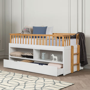English Elm Twin Captain Bed with Trundle, White & Light Oak Transitional Frame, Built-In Shelves & Ladder — Space-Saving Twin Storage Design B2741S00491