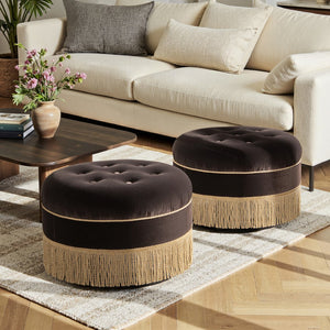 English Elm Jennifer Taylor Home - Yolanda Round 24" Upholstered Accent Ottoman in Performance Velvet with Tassel Fringe, Durable Build Brown B2719P358854