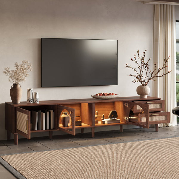English Elm 86 Inch Rattan Media Console with Led Lighting Two Drawers Modern Living Room Tv Stand N710P438977P