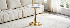 English Elm Round Faux Marble Tulip Dining Table Mid Century Pedestal Base for Compact Kitchens Gold+White W2920P395717