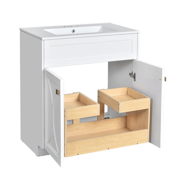English Elm 30'' Bathroom Vanity With Ceramic Sink Combo - Modern Freestanding Cabinet, Gold Handles & Soft-Close Doors N710P194898K