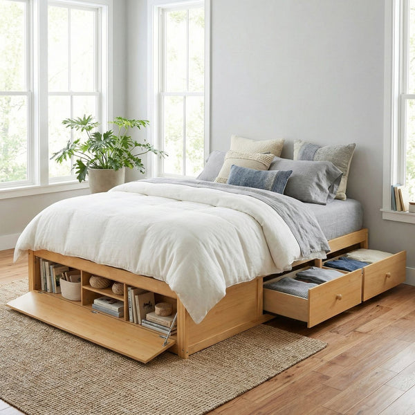 English Elm Queen Platform Storage Bed with Hydraulic Lift Footboard and Four Drawers Antique Finish Natural LP000139AAN