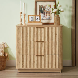 English Elm 3 Drawers Chest - Modern Curved Wave Design Nightstand For Bedroom & Living Room, Oak Finish W1820P337285