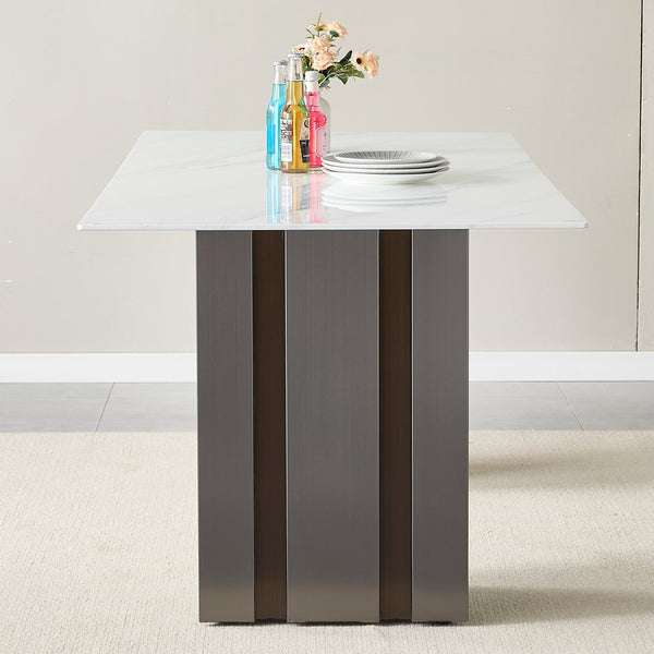 English Elm 69.30 Inch Rectangular Dining Table Marble Pattern Top with Polished Steel Legs Seats Six W3357S00002