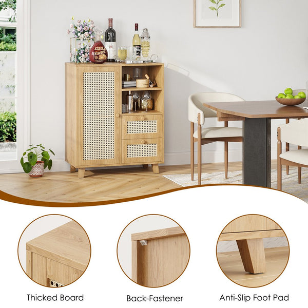 English Elm Rattan Cane Front Sideboard with Drawers Adjustable Shelf Bohemian Storage Cabinet Natural T3623P434728