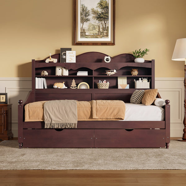 English Elm Twin Daybed Retro Wood Frame with Under Bed Drawers and Headboard Shelving Espresso N733S415358P