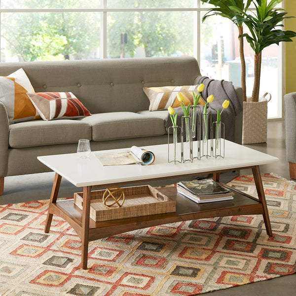 JLA Home Madison Park - Coffee Table Mid-Century Two-Tone Accent Table with Solid Wood Frame and Lower Shelf Storage, Stylish Off-White/Pecan MP120-0094