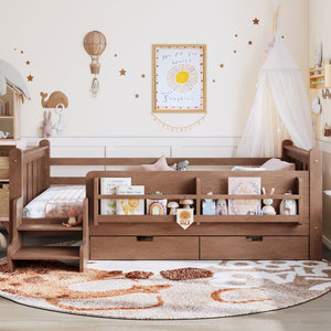 English Elm Twin Pine Floor Bed with Guardrails Built-in Bookcases and Stair Steps for Kids Natural W1580P430200