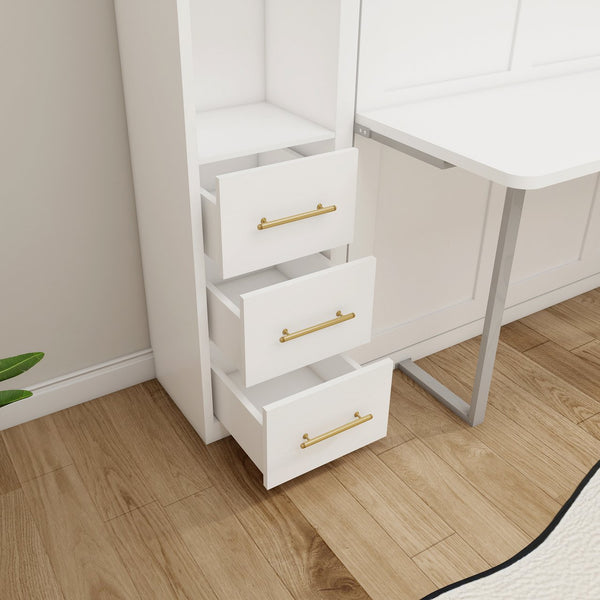 English Elm Desk Murphy Wall Bed Queen with Side Storage Cabinets for Home Office Study W5290S00006