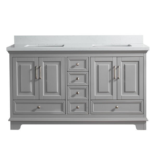 English Elm Fully 60'' Freestanding Double Bathroom Vanity with Solid Wood Base and Carrara Engineered Marble Top Gray W1826P382805