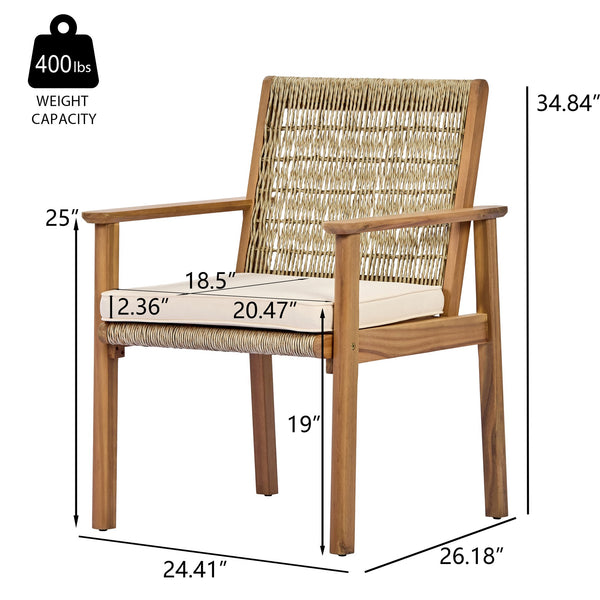 English Elm 7 Piece Outdoor Acacia Wood Dining Set Wicker Slatted Table Cushioned Patio Chairs Beige,Light Teak N768P374497L_6_N768P374498L