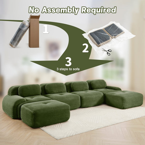 English Elm U-shaped Modular Sectional Sofa Corduroy Upholstered Ergonomic Curved Living Room Seating Olive Green W714S01263