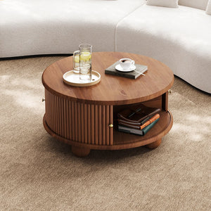 English Elm Round Fluted Pine Wood Coffee Table with Hidden Sliding Door Storage for Living Room Walnut N735P369879D