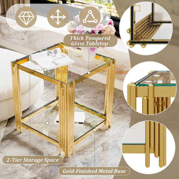English Elm Modern Round Mirrored Glass End Table with Gold Metal Frame and Lower Display Shelf Transparent N735P380093K