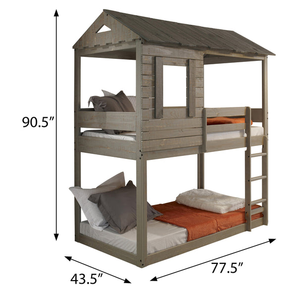 English Elm Rustic Solid Pine Twin-Over-Twin Bunk Bed in Grey with Built-In Right Ladder, 13-Slat Support System B062S00466