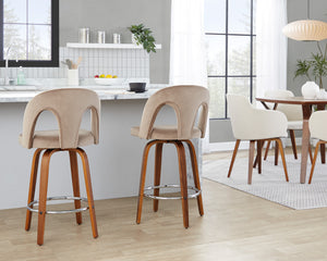 English Elm Fixed-height Swivel Counterstools Taupe Velvet Bentwood Walnut Legs Chrome Footrest Set B202S01796