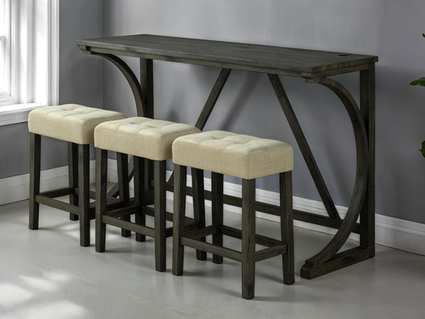 English Elm Brown 4pc Dining Set w USB Ports — Space-Saving Transitional Table & 3 Biscuit-Tufted Beige Stools B2741P301926