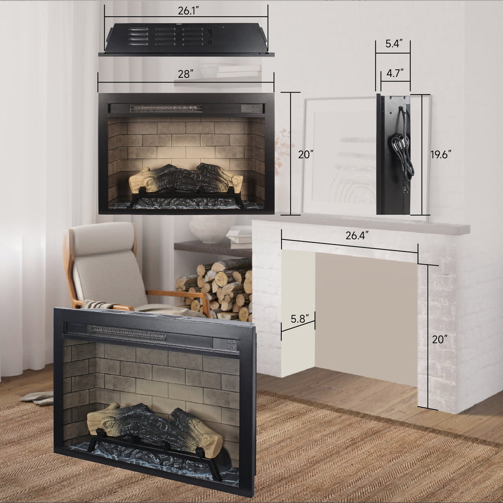 English Elm 28 Inch Electric Fireplace Insert with Eight Flame Colors and Infrared Heating W1769P193705