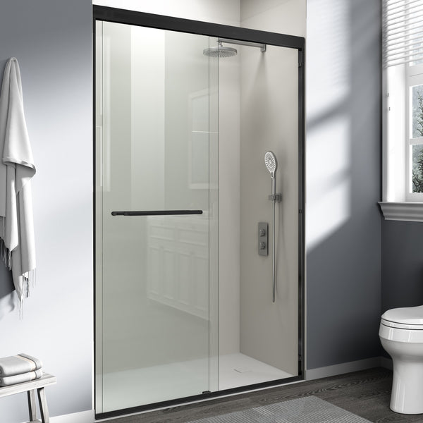 English Elm 44" Semi-frameless Double Sliding Shower Door Brushed Gold Tempered Glass Walk-in Matte Black W1920P385318