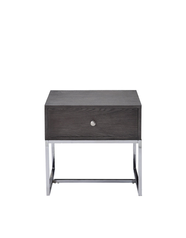 English Elm Iban Gray Oak End Table with Felt-Lined Drawer & Chrome Metal Sled Base, Compact 22"x20" B2726P269989